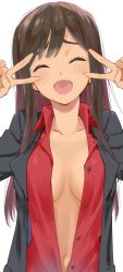Rule 34 | 1girl, blush, breasts, brown hair, cleavage, cowboy shot, double bun, double v, federica n. doglio, hair bun, homare (homaredai), jacket, long hair, medium breasts, navel, open mouth, red skirt, skirt, solo, strike witches, strike witches: kurenai no majo-tachi, tan, unbuttoned, v, v over eye, white background, world witches series