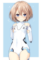 1girl bare_shoulders blanc_(neptunia) blue_eyes blush boots breasts brown_hair commentary_request covered_navel elbow_gloves embarrassed gloves hair_between_eyes hands_on_own_chest hands_up highres hip_focus iwashi_dorobou_-r- leotard looking_at_viewer medium_hair neptune_(series) nervous petite skin_tight small_breasts solo standing thigh_boots thighs wavy_mouth white_gloves white_heart_(neptunia) white_leotard