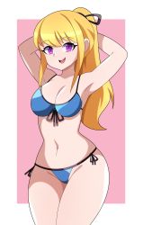 Rule 34 | 1girl, absurdres, abysswatchers, armpits, arms behind head, bikini, blonde hair, breasts, hair ribbon, highres, large breasts, legs, looking at viewer, navel, open mouth, original, ponytail, purple eyes, ribbon, smile, solo, swimsuit, thick thighs, thighs