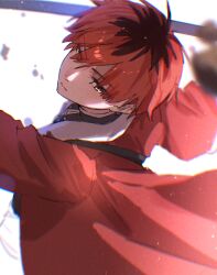 Rule 34 | 1boy, black hair, black shirt, blurry, closed mouth, coat, collared shirt, commentary request, debris, highres, holding, holding weapon, long sleeves, looking at viewer, male focus, multicolored hair, orange eyes, red coat, red hair, rinzawa, shirt, short hair, solo, sousou no frieren, stark (sousou no frieren), swinging, two-tone hair, upper body, weapon, white background