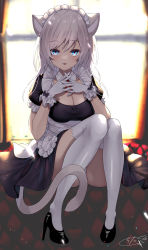 Rule 34 | 1girl, animal ear fluff, animal ears, apron, backlighting, black bow, black dress, black footwear, blue eyes, bow, breasts, cat ears, cat girl, cat tail, chita (ketchup), cleavage, commentary request, dress, frilled apron, frills, gloves, grey hair, hair between eyes, high heels, highres, interlocked fingers, knees up, long hair, looking at viewer, maid, maid headdress, medium breasts, original, parted lips, puffy short sleeves, puffy sleeves, shoes, short sleeves, signature, sitting, smile, solo, sunlight, tail, thighhighs, white apron, white gloves, white thighhighs, window