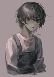 Rule 34 | 1boy, absurdres, black eyes, black hair, commentary request, grey background, highres, looking at viewer, male focus, original, overalls, painterly, parted lips, shirt, short hair, signature, simple background, solo, sweatdrop, torino kawazu, upper body, white shirt