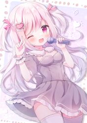Rule 34 | 1girl, :3, blush, breasts, cleavage, collared dress, dress, frilled shirt collar, frills, hair ornament, hair ribbon, hanasakichu, heart, heart hair ornament, highres, holding, holding microphone, long hair, looking at viewer, microphone, open mouth, original, pearl hair ornament, pink eyes, pink hair, ribbon, short sleeves, small breasts, smile, solo, thighhighs, two side up, v, very long hair, white hair, wrist cuffs