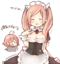 Rule 34 | 2girls, areola slip, bad id, bad pixiv id, blush, breasts, chibi, cleavage, closed eyes, collarbone, detached collar, fire emblem, fire emblem awakening, hair ribbon, hand on own chest, long hair, maid, maid headdress, mature female, morgan (female) (fire emblem), morgan (fire emblem), multiple girls, nintendo, open mouth, puffy short sleeves, puffy sleeves, ribbon, robin (female) (fire emblem), robin (fire emblem), sexually suggestive, short hair, short sleeves, simple background, sweatdrop, teu (navy), translation request, twintails, upper body, white background, wrist cuffs