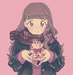 Rule 34 | 1girl, absurdres, bad id, bad twitter id, black jacket, blunt bangs, blush, brown hair, cookie, food, gift, highres, holding, holding gift, idolmaster, idolmaster cinderella girls, jacket, kamiya nao, long hair, red background, scarf, shikariyo, simple background, smile, solo, striped clothes, striped sweater, sweater, thick eyebrows, upper body, wavy hair