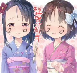 Rule 34 | 2020, 2girls, :d, ^ ^, asymmetrical bangs, black hair, blue bow, blue kimono, blush, bow, brown hair, calligraphy brush, closed eyes, commentary request, drawing on another&#039;s face, facepaint, floral background, floral print, forehead, hair blowing, hair ornament, holding, holding paintbrush, japanese clothes, kimono, long hair, multiple girls, new year, obi, open mouth, original, paintbrush, pink kimono, print kimono, pu-en, red eyes, sash, smile, teeth, translated, upper body, upper teeth only