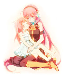 Rule 34 | 2girls, ^ ^, barefoot, blush, boots, child, dress, dual persona, closed eyes, knee boots, long hair, mamama, megurine luka, multiple girls, pink hair, sitting, smile, time paradox, vocaloid, aged down