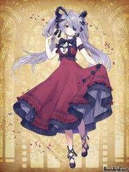 Rule 34 | 1girl, armband, black bow, black flower, black footwear, black neckwear, bow, breasts, brown eyes, clothes lift, copyright name, dress, dress flower, dress lift, eyepatch, flower, full body, grey hair, hair bow, hand up, horns, lifted by self, long hair, mono (miso kuronowish), pandora party project, petals, pointy ears, red dress, small breasts, smile, solo, standing, twintails, very long hair, yellow background