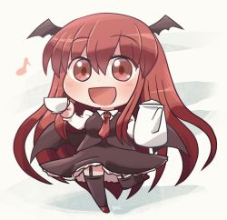 Rule 34 | 1girl, :d, bat wings, black hair, black skirt, black thighhighs, black vest, blush, chibi, cup, dress shirt, eighth note, full body, garter straps, hair between eyes, happy, holding, holding cup, koakuma, long hair, long sleeves, looking at viewer, low wings, multiple wings, musical note, necktie, no nose, open mouth, red eyes, red footwear, red hair, red necktie, rokugou daisuke, shirt, signature, simple background, skirt, skirt set, smile, solo, standing, standing on one leg, teacup, teapot, thighhighs, touhou, very long hair, vest, white background, white shirt, wings, zettai ryouiki