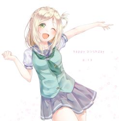 Rule 34 | 10s, 1girl, ;d, aqua neckerchief, blonde hair, braid, clenched hand, crown braid, dated, hair rings, happy birthday, looking at viewer, love live!, love live! sunshine!!, neckerchief, noppi (noppi 98), ohara mari, one eye closed, open mouth, outstretched arm, pleated skirt, school uniform, serafuku, skirt, smile, solo, tie clip, vest, white background