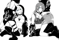 Rule 34 | 4girls, :p, aoba moca, bang dream!, bare shoulders, breasts, choker, cleavage, collarbone, green eyes, groin, hair over one eye, hands on own hips, hood, jacket, jacket partially removed, jewelry, kneeling, long hair, midriff, mitake ran, multiple girls, navel, necklace, short hair, sideboob, simple background, sitting, skirt, spot color, tank top, thigh strap, thighhighs, tongue, tongue out, touma (tomatooo018), udagawa tomoe, uehara himari, white background