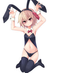 Rule 34 | 1girl, animal ears, arai togami, black thighhighs, blonde hair, blush, detached collar, flat chest, hair ribbon, highres, kneeling, leotard, looking at viewer, navel, open mouth, playboy bunny, rabbit ears, red eyes, ribbon, rumia, short hair, simple background, solo, thighhighs, touhou, white background, wrist cuffs