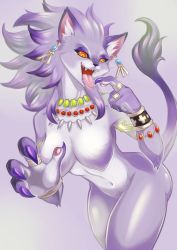Rule 34 | 1girl, alternate form, animal ears, armlet, black sclera, bracelet, breasts, cat ears, cat girl, cat tail, claws, colored sclera, earrings, fangs, furry, highres, isabella (seiken densetsu 3), jewelry, navel, necklace, no nipples, no pussy, open mouth, purple fur, purple hair, red eyes, ring, seiken densetsu, seiken densetsu 3, slit pupils, tail, tongue, tongue out