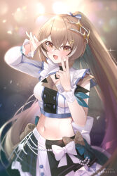 Rule 34 | 1girl, ahoge, asymmetrical clothes, asymmetrical sleeves, black skirt, blue bow, blush, bow, bow skirt, brown bow, brown eyes, brown hair, concert, frills, gloves, hair ornament, holocouncil, hololive, hololive english, idol, idol clothes, layered skirt, long hair, long sleeves, looking at viewer, midriff, miniskirt, mujinbensin, multicolored hair, nanashi mumei, navel, open mouth, pleated skirt, single sleeve, skirt, smile, solo, stage lights, streaked hair, v, virtual youtuber, white bow
