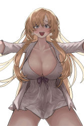 Rule 34 | 1girl, absurdres, bare legs, blonde hair, blouse, blush, breasts, breath, chroong, cleavage, collarbone, commentary request, cowboy shot, dress, gown, grey eyes, highres, huge breasts, korean commentary, long hair, long sleeves, mole, mole on breast, original, outstretched arms, purple ribbon, reaching, reaching towards viewer, ribbon, sanpaku, shirt, simple background, smile, solo, steam, swept bangs, teeth, upper teeth only, very long hair, white background, white dress, white shirt