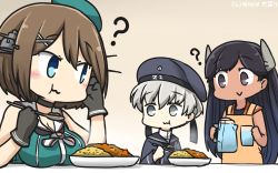 Rule 34 | 3girls, :&gt;, ?, apron, beret, black eyes, black gloves, black hair, blue eyes, blush, breast envy, breast rest, breasts, brown hair, commentary, cup, curry, dated, drinking glass, eating, food, gloves, grey eyes, hair ornament, hamu koutarou, hat, highres, i-400 (kancolle), kantai collection, large breasts, long hair, maya (kancolle), multiple girls, pitcher (container), remodel (kantai collection), sailor collar, short hair, silver hair, spoon, tan, x hair ornament, z1 leberecht maass (kancolle)