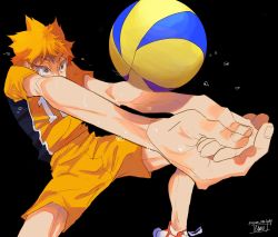 Rule 34 | 1boy, azebra-was-here, ball, black background, bump (volleyball), foreshortening, haikyuu!!, highres, hinata shouyou, looking at object, male focus, messy hair, orange eyes, orange hair, orange shorts, playing sports, shoes, shorts, signature, simple background, sneakers, solo, sportswear, sweat, twitter username, volleyball, volleyball (object), volleyball uniform