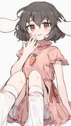 Rule 34 | 1girl, animal ears, arm support, black hair, bloomers, blush, carrot necklace, dress, feet out of frame, floppy ears, frills, furrowed brow, hand up, highres, inaba tewi, jewelry, knees up, looking at viewer, necklace, parted lips, petite, pink dress, puffy short sleeves, puffy sleeves, rabbit ears, red eyes, shone, short hair, short sleeves, simple background, sitting, solo, touhou, underwear, white background