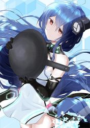 Rule 34 | 1girl, ahoge, azur lane, bare shoulders, black gloves, blue hair, breasts, closed mouth, dress, frying pan, gloves, hair ornament, helena (meta) (azur lane), holding, long hair, looking at viewer, red eyes, sleeveless, solo, thighhighs, toro yurei, white dress
