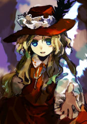Rule 34 | 1girl, blonde hair, blue eyes, brown hat, brown skirt, brown vest, collared shirt, dolls in pseudo paradise, frilled hat, frills, hat, hat feather, highres, jacket girl (dipp), kaigen 1025, long hair, long sleeves, looking at viewer, open mouth, shirt, skirt, touhou, vest, wavy hair, white shirt