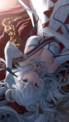 Rule 34 | 1girl, animal ears, arknights, arm up, bare shoulders, bear ears, blue eyes, breasts, cleavage, closed mouth, detached collar, dress, elbow gloves, gloves, grey hair, hand on own stomach, heterochromia, highres, jewelry, jfjf, large breasts, long hair, looking at viewer, looking back, lying, necklace, official alternate costume, on back, red eyes, red headwear, rosa (arknights), rosa (masterpiece) (arknights), solo, strapless, strapless dress, upside-down, very long hair, white dress, white gloves