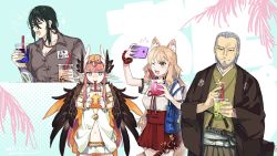 Rule 34 | 2boys, 2girls, animal ear fluff, animal ears, beard, black hair, blonde hair, blush, bracelet, breasts, bubble tea, circe (fate), closed eyes, cropped torso, cup, disposable cup, dress, drink, drinking, drinking straw, facial hair, fate/extra, fate/extra ccc, fate/extra ccc fox tail, fate/grand order, fate (series), feathered wings, fox ears, fox girl, goya (xalbino), grey hair, gyaru, hair between eyes, hair ornament, hakama, hakama skirt, haori, head wings, highres, holding, iced tea, japanese clothes, jewelry, katana, kimono, long hair, long sleeves, multiple boys, multiple girls, navel, necklace, old, old man, one eye closed, open mouth, pink hair, pointy ears, ponytail, selfie, short sleeves, simple background, skirt, smile, sparkle, suzuka gozen (fate), sword, tea, upper body, very long hair, weapon, wings, yagyuu munenori (fate), yan qing (fate), yellow eyes