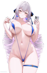 Rule 34 | 1girl, abpart, absurdres, artist name, black ribbon, blue slingshot swimsuit, breasts, bronya rand, brown eyes, cellphone, closed mouth, commentary, drill hair, earrings, gluteal fold, grey hair, hair between eyes, hair ribbon, highres, holding, holding phone, honkai: star rail, honkai (series), jewelry, large breasts, long hair, looking at viewer, multicolored hair, navel, patreon username, phone, pink hair, ribbon, simple background, slingshot swimsuit, solo, swimsuit, thigh strap, thighs, two-tone hair, white background