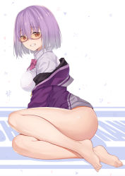 Rule 34 | 10s, 1girl, ass, bare legs, barefoot, baseness, bow, bowtie, breasts, character name, collared shirt, feet, full body, glasses, gradient hair, grey shirt, gridman universe, heart, highres, jacket, large breasts, light purple hair, long sleeves, looking at viewer, multicolored hair, no pants, off shoulder, open clothes, pink bow, pink bowtie, purple-framed eyewear, purple hair, purple jacket, red eyes, semi-rimless eyewear, shinjou akane, shirt, short hair, sitting, smile, solo, ssss.gridman, teeth, toenails, toes, under-rim eyewear, white background