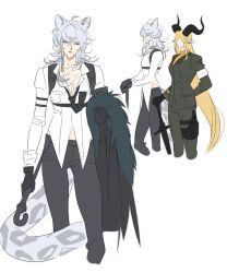 Rule 34 | 2girls, animal ear fluff, animal ears, arknights, arm behind back, black necktie, black pants, blonde hair, cane, chest harness, closed mouth, coat, collared shirt, colored tips, commentary request, cropped legs, degenbrecher (arknights), formal, genderswap, genderswap (mtf), goat ears, goat girl, goat horns, green suit, grey hair, harness, highres, holding, holding cane, holding clothes, holding coat, horns, jjeobjjeobdogta (wjqwjqehrxk), long hair, long sleeves, looking at viewer, multicolored hair, multiple girls, multiple views, necktie, pants, scar, scar on chest, shirt, silverash (arknights), simple background, snow leopard ears, snow leopard girl, snow leopard tail, standing, suit, very long hair, white background, white eyes, white hair, white shirt