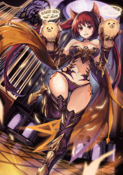 Rule 34 | 10s, 1girl, animal ears, armor, bare shoulders, bikini armor, boots, breasts, cerberus (shingeki no bahamut), cleavage, dog ears, eruthika, granblue fantasy, grin, hand puppet, highres, long hair, looking at viewer, panties, puppet, red eyes, red hair, shingeki no bahamut, smile, solo, thigh boots, thighhighs, twintails, underwear