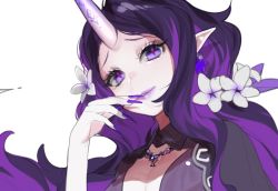 Rule 34 | 1girl, bad id, bad twitter id, earrings, fingernails, flower, hair flower, hair ornament, hand up, horns, jewelry, light smile, lipstick, long fingernails, long hair, looking at viewer, makeup, nail polish, necklace, ohisashiburi, original, parted lips, pointy ears, purple eyes, purple hair, purple lips, purple nails, red pupils, simple background, single horn, slit pupils, solo, upper body, white background
