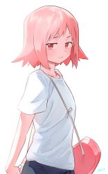 Rule 34 | 1girl, arms behind back, blush, closed mouth, cowboy shot, from side, highres, looking at viewer, looking to the side, medium hair, own hands together, pink bag, pink hair, ryusei hashida, shaman king, shirt, short sleeves, signature, simple background, smile, solo, t-shirt, tamamura tamao, white background, white shirt