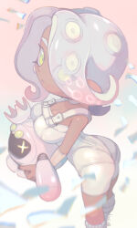 Rule 34 | 1girl, :o, agent 8 (splatoon), arched back, arm warmers, ass, bodysuit, breast rest, breasts, choker, cleavage, dark-skinned female, dark skin, drone, eyes visible through hair, gradient hair, grey hair, grey tongue, highres, large breasts, medium hair, minamidena, multicolored hair, nintendo, octoling, octoling girl, octoling player character, open mouth, pearl drone (splatoon), pink hair, single arm warmer, solo, splatoon (series), splatoon 3, splatoon 3: side order, standing, suction cups, tentacle hair, two-tone hair, white bodysuit, white choker, yellow eyes, zipper