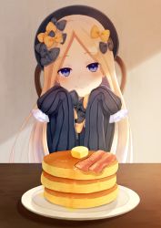 Rule 34 | 1girl, abigail williams (fate), back, black bow, black dress, black hat, blonde hair, blue eyes, blush, bow, bug, butter, butterfly, chair, closed mouth, commentary request, dress, fate/grand order, fate (series), food, forehead, hair bow, hands up, hat, head tilt, highres, insect, long hair, long sleeves, looking at viewer, orange bow, pancake, pancake stack, parted bangs, plate, polka dot, polka dot bow, reijou, sleeves past fingers, sleeves past wrists, smile, solo, syrup, table, very long hair