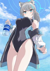 Rule 34 | 1girl, animal ear fluff, animal ears, black coat, black one-piece swimsuit, blue archive, blue eyes, blush, bottle, breasts, cat ears, cat girl, cloud, coat, competition swimsuit, extra ears, from below, grey hair, groin, highleg, highleg swimsuit, highres, koenza botoke, large breasts, long hair, looking down, off shoulder, one-piece swimsuit, outdoors, ponytail, shiroko (blue archive), shiroko (swimsuit) (blue archive), sky, solo, swimsuit, thighs, water bottle