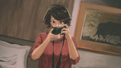 Rule 34 | 1girl, absurdres, black eyes, black hair, camera, faiz azhar, highres, holding, holding camera, indoors, original, painting (object), red sweater, solo, sweater, taking picture, upper body