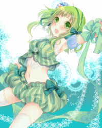 Rule 34 | 1girl, armpits, arms up, bad id, bad pixiv id, breasts, female focus, flower, gradient background, green eyes, green hair, gumi, hair flower, hair ornament, hair ribbon, matching hair/eyes, midriff, navel, open mouth, ribbon, sanada nako, short hair, smile, solo, thighhighs, vocaloid, white background