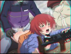 Rule 34 | 1boy, 2girls, anaglyph, anal, anti-materiel rifle, ass, blonde hair, blush, body blush, bolt action, breath, censored, city, clothed sex, clothes lift, clothes pull, cloud, cum, cum in ass, cum on ass, cum on body, cum on lower body, dark clouds, darker than black, doggystyle, dutch angle, facial hair, green eyes, gun, hat, hei (darker than black), hetero, jacket, july (darker than black), lolita channel, mosaic censoring, multiple girls, nipples, open clothes, open jacket, open mouth, outdoors, panties, pants, pants pull, panty pull, pantyhose, pantyhose pull, ptrd-41, rape, red hair, rifle, saliva, sex, sex from behind, shirt lift, short hair, sky, sniper rifle, suou pavlichenko, tears, underwear, voyeurism, weapon, yellow eyes