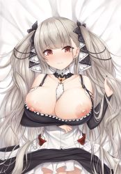 Rule 34 | 1girl, azur lane, bare shoulders, between breasts, black dress, blush, breasts, cleavage, dress, earrings, formidable (azur lane), frilled dress, frills, grey hair, hair ribbon, highres, holding, holding own hair, jewelry, kannko bokujou, large breasts, long hair, long sleeves, looking at viewer, lying, nipple slip, nipples, on back, red eyes, ribbon, skindentation, solo, twintails, two-tone dress, very long hair