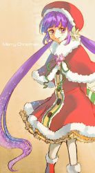 Rule 34 | 1girl, blush, boots, capelet, christmas, dress, flower, frills, gift, hat, highres, long hair, purple eyes, purple hair, ribbon, smile, sophie (tales), tales of (series), tales of graces, very long hair