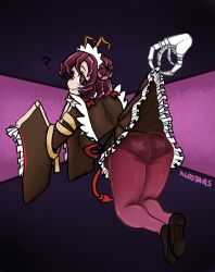 Rule 34 | 1girl, ?, absurdres, ainz ooal gown, antennae, arthropod girl, artist name, ass, black footwear, brown kimono, closed mouth, clothes lift, commentary, disembodied hand, double bun, english commentary, entoma vasilissa zeta, extra pupils, fangs, from behind, hair bun, highres, japanese clothes, jewelry, kimono, kimono lift, klostars, lifting another&#039;s clothes, lifting person, looking back, maid, maid headdress, mary janes, monster girl, overlord (maruyama), pantyhose, purple background, purple hair, purple pantyhose, red eyes, ring, shoe soles, shoes, short hair, simple background, skeletal hand, skin fangs, sleeves past wrists, smile