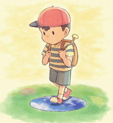 Rule 34 | 1boy, backpack, bag, baseball bat, baseball cap, black eyes, black hair, full body, hat, looking down, male focus, mother (game), mother 2, ness (mother 2), nintendo, red hat, shirt, shoes, shorts, simple background, socks, solo, striped clothes, striped shirt, t-shirt, tsubobot, walking