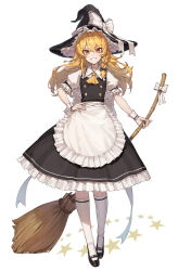 Rule 34 | 1girl, absurdres, apron, black dress, black footwear, black hat, blonde hair, bow, braid, broom, commentary request, dress, frilled dress, frills, full body, grin, hand on own hip, hat, hat bow, highres, holding, holding broom, kirisame marisa, kokukyukeo, korean commentary, long hair, looking at viewer, puffy short sleeves, puffy sleeves, short sleeves, side braid, single braid, smile, socks, solo, standing, star (symbol), tachi-e, touhou, touhou lostword, waist apron, white bow, white socks, white wristband, witch hat, yellow eyes