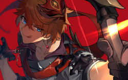 Rule 34 | 1boy, :q, black gloves, blue eyes, bow (weapon), crossed bangs, earrings, genshin impact, gloves, hair between eyes, holding, holding bow (weapon), holding weapon, jacket, jewelry, male focus, mask, mask on head, namae (areees), orange hair, red background, red scarf, scarf, simple background, single earring, solo, tartaglia (genshin impact), tongue, tongue out, upper body, weapon