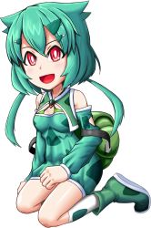 Rule 34 | 1girl, backpack, bag, blush, bra, breasts, bulbasaur, cleavage cutout, clothing cutout, creatures (company), dress, fangs, female focus, full body, game freak, gen 1 pokemon, green bra, green dress, green footwear, green hair, hair ornament, hairclip, happy, highres, kneehighs, kneeling, long hair, looking at viewer, nintendo, off shoulder, open mouth, personification, pokemon, red eyes, shiny skin, shoes, shougun (chuckni1), simple background, sitting, small breasts, smile, socks, solo, twintails, underwear, white background, white socks