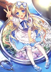 Rule 34 | 1girl, :d, absurdres, alice (alice in wonderland), alice in wonderland, blonde hair, blue eyes, bow, breasts, dress, hair bow, highres, mini person, minigirl, motomiya mitsuki, open mouth, outstretched arm, pantyhose, pocket watch, smile, solo, watch, white hair