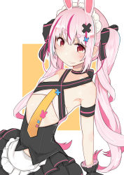 Rule 34 | 1girl, animal ears, arched back, black gloves, black skirt, flat chest, frilled skirt, frills, gloves, hair ornament, henoeno, highres, indie virtual youtuber, long hair, maid headdress, pink hair, rabbit ears, red eyes, skinny, skirt, solo, thick eyebrows, tomari mari, twintails, upper body, very long hair, virtual youtuber, x hair ornament