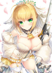 Rule 34 | 10s, 1girl, ahoge, belt, blonde hair, blush, boots, breasts, chain, cleavage, detached collar, detached sleeves, fate/extra, fate/extra ccc, fate (series), flower, garter straps, gloves, green eyes, hair flower, hair intakes, hair ornament, head wreath, highres, large breasts, leaning forward, lock, looking at viewer, nero claudius (bride) (fate), nero claudius (bride) (second ascension) (fate), nero claudius (fate), nero claudius (fate) (all), padlock, petals, smile, solo, sword, taiki ken, thigh boots, thighhighs, veil, weapon, white gloves, zipper