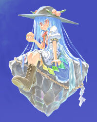 Rule 34 | 1girl, black hat, blue background, blue hair, boots, bright pupils, brown footwear, closed mouth, commentary request, cross-laced footwear, dress, food, fruit, hat, highres, hinanawi tenshi, holding, holding food, holding fruit, lace-up boots, long hair, neck ribbon, peach, puffy short sleeves, puffy sleeves, red eyes, red ribbon, ribbon, short sleeves, simple background, sitting, solo, touhou, white dress, white pupils, yamasina009
