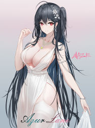 Rule 34 | 1girl, absurdres, azur lane, backless dress, backless outfit, breasts, center opening, cleavage, clothing cutout, cocktail dress, dress, evening gown, garter straps, gradient background, hair ornament, hair strand, highres, jewelry, large breasts, long hair, looking at viewer, maze (sherlock5230), necklace, official alternate costume, plunging neckline, red eyes, satin dress, see-through, see-through dress, side cutout, skirt hold, sleeveless, sleeveless dress, solo, standing, taihou (azur lane), taihou (temptation on the sea breeze) (azur lane), thighhighs, very long hair, wedding dress, white dress, white garter straps, white thighhighs